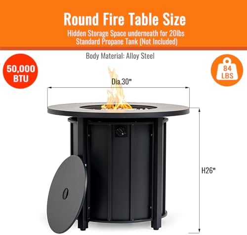 30'' Concrete Round Gas Fire Pit, 50,000 BTU Steel Outdoor Fire Tables, Fire Table with Lid, Add Warmth & Ambience to Gatherings and Parties On Patio Deck Garden Backyard，White Glass Stone. - Image 2