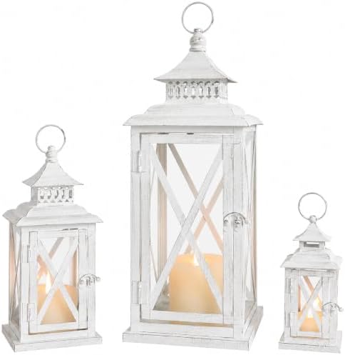 3PCS (20’’&13’’&9’’) Lanterns Decorative Indoor & Outdoor, Vintage White Metal Frame Candle Holders for Front Porch, Patio, Pathway, Balcony, Garden, Yard Decor, Halloween Christmas Decorations by DECORKEY
