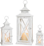 3PCS (20’’&13’’&9’’) Lanterns Decorative Indoor & Outdoor, Vintage White Metal Frame Candle Holders for Front Porch, Patio, Pathway, Balcony, Garden, Yard Decor, Halloween Christmas Decorations by DECORKEY