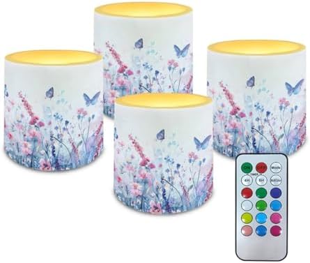Floral Butterfly Pattern Flameless LED Candle with Remote Color Changing Control 4 PCS Electric Pillar Candle with 4H 8H Timer for Room Fall Wedding Christmas Decorations by Unknown