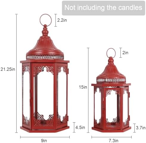 NEEDOMO Decorations for Home, 22''/15'' Set of 2 Lanterns with Glass Panels for Home Decor, Decorative Hanging Lantern Indoor Outdoor for Xmas Table Centerpieces, Porch, Patio(Red) - Image 3