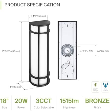 ASD LED 18" Half Cylinder Wall Light, Outdoor Patio Sconce | 3CCT, Stainless Steel, Waterproof, Energy Star, ETL Listed | 18W 1500LM 3000-5000K 100-277V | Exterior Lighting | Dark Bronze, 4 Pack - Image 2