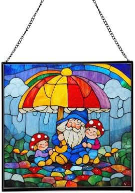Gnome with Umbrella Stained Glass Suncatcher – Square Hanging Window Panel for Home, Garden, Nursery, Halloween, Christmas, Memorial Day – Whimsical Glass Art Gift for Gnome Lovers ovpj1u by Custom