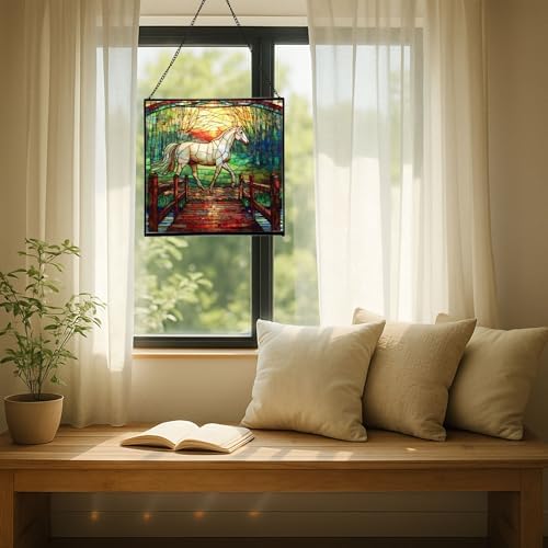 White Horse Trotting Across Bridge at Sunrise Square Suncatcher – Stained Glass Style Window Panel with Pastoral Scene, Custom Decorative Hanging Art for Equestrian Home, Christmas RWwXRI - Image 7