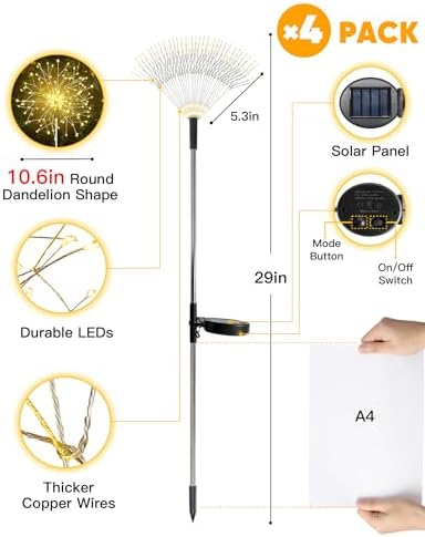 suddus Solar Garden Lights Outdoor Waterproof Decorative, 4Pack 150LED Firework Lights, Solar Fairy Lights for Yard, Garden, Patio, Pathway, Flowerbed, Party, Wedding Outside Decor- Warm White - Image 6