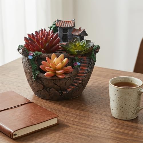 OUNONA Fairy Garden Planter, Creative Flower Pot Holders Hanging Garden Design with Sweet House Micro Landscape Mini Succulent Plant Planter for Indoor Outdoor Desk Balcony Decor - Image 3