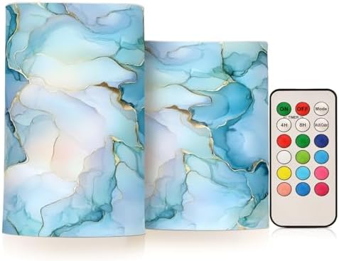 ALAZA Aqua Blue Gold Marble Textures Flameless Candles, LED Pillar Candles with Remote Timer, Battery Operated Candles Set of 2 by ALAZA