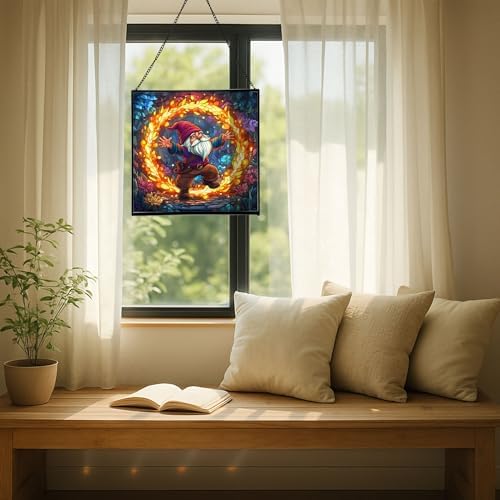 Fire Ring Gnome Dance Stained Glass Suncatcher – Square Hanging Window Panel for Home or Greenhouse – Whimsical Glass Art Gift for Garden Lovers, Christmas, Halloween, Father Days dHpxaH - Image 7