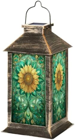 Stained Glass Style Solar Lantern Outdoor Garden Hanging Lantern Intricate Sunflower Stained Glass Art Spring Hues Waterproof Solar Powered Lighting Outside Table Lamp for Patio Deck Yard Camping by Unknown