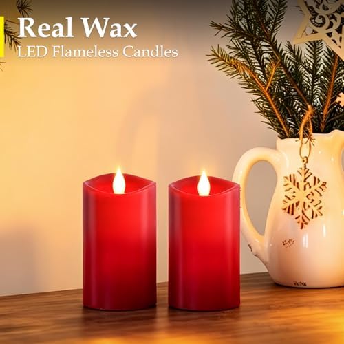 3x5 inch Red Flameless Candles, Realistic Flameless LED, Battery-Powered Pillar Candles with Remote & Timer, Fake Candles for Fall Decor, (Red, 3"*5"-2pcs) - Image 2