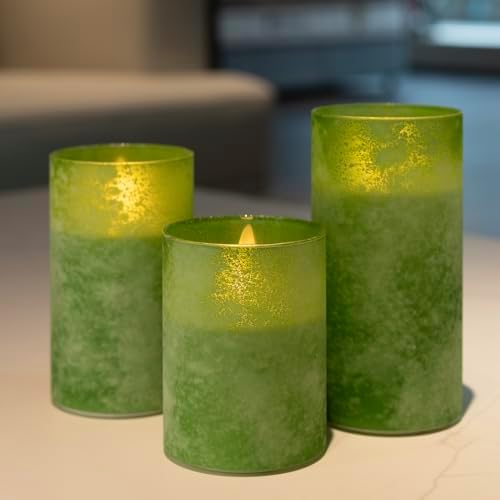 Flameless Candles Set of 3 Green LED Pillar Candles with Remote Timer - Image 4