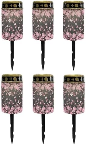 Poceacles Flameless Candle Solar Powered Grave Outdoor Solar Lights Cemetery Candle Lights Fake LED Pillar Candles Outdoor Waterproof Decorative, Peach Blossom Butterfly, Pack of 6 by Poceacles