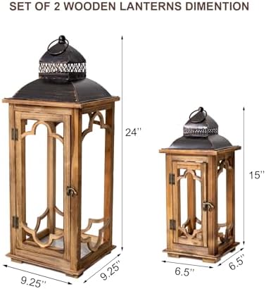 Large Farmhouse Decorative Wooden Lantern Set of 2, Rustic Brown Floor Lanterns, Indoor/Outdoor Hurricane Lanterns for Home Decor (No Glass) - Image 5