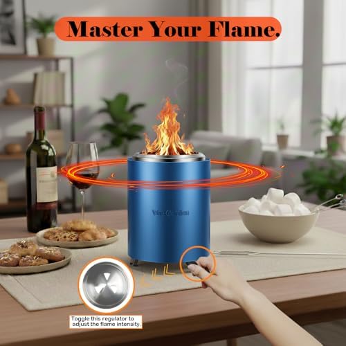 Portable Flame Adjustment Tabletop Fire Pit, VivaGarden Smokeless Table Top Fire Pit, Wood Burning & Pellets Outdoor Camping Stove with Carry Bag, Forks and Mat (9.7x7.1 Inch, Blue) - Image 3