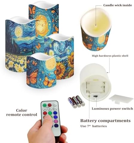 Starry Night Flameless Candle with Remote Control Electric LED Pillar Candle Timer Color Changing Long Lasting Pack of 4 Battery Candles - Image 3