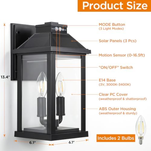 ropelux Solar Lights Outdoor Waterproof, 3 Modes Porch Lights, Motion Sensor Outside Light for House, Outdoor Wall Lights Lantern, Exterior Lighting Fixtures for Garden Patio Fence Yard Garage, 1Pack - Image 4