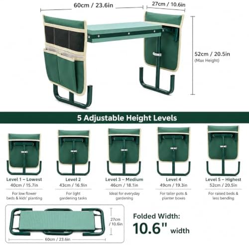 Garden Kneeler and Seat, 2-in-1 Folding Gardening Stool with 5 Adjustable Heights, 660 lbs Heavy Duty Steel Frame and 2 Tool Pouches - Image 2