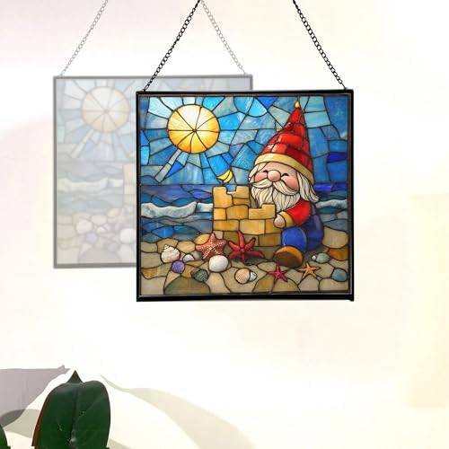 Beach Day Gnome Stained Glass Suncatcher – Square Hanging Window Panel for Home or Greenhouse – Whimsical Glass Art Gift for Garden Lovers, Christmas, Halloween, Father Days GWNf1E - Image 4