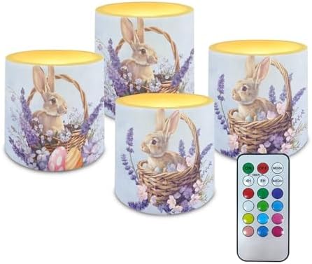 Floral Bunny Eggs Flameless Candles with Remote and Timer Battery Operated Flameless LED Pillar Candles for Easter Day Party, Banquet, Home Decorations Battery Tealights by Merkmak