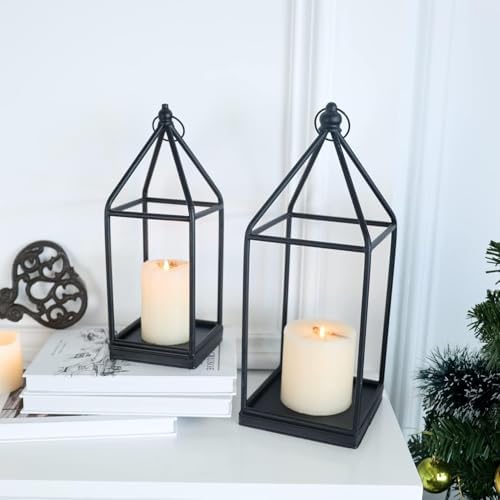 Lantern Decorative Indoor&Outdoor, 18’’&14’’ Large Black Metal Candle Lanterns Decor, Vintage Hanging Holders for Home Porch Wedding Centerpiece, Spring Farmhouse Decorations - Image 5