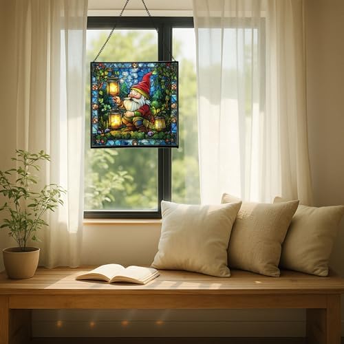 Gnome with Firefly Lanterns Stained Glass Suncatcher – Square Hanging Window Panel for Home, Garden, Nursery, Halloween, Christmas, Memorial Day – Whimsical Glass Art Gift for Gnome Lovers yb570v - Image 7
