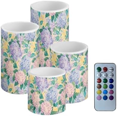 Flameless Candles with Remote and Timers Hydrangea Floral Flickering Battery Operated Candles 4 Pack Flameless LED Pillar Lights for Home Decoration by Merkmak