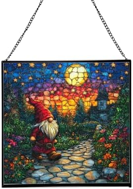 Twilight Garden Gnome Stroll Stained Glass Suncatcher – Square Hanging Window Panel for Home or Greenhouse – Whimsical Glass Art Gift for Garden Lovers, Christmas, Halloween, Father Days CvOKPY by Custom