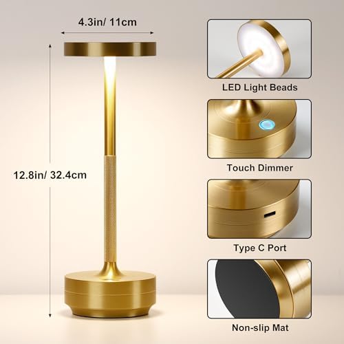 Cordless Table Lamp Rechargeable, 72h Battery Powered Table Light, 2 Gold - Image 5