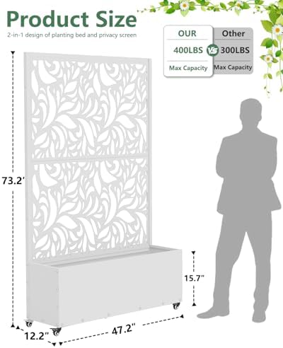 2PCS Metal Planter Box with Trellis,70.9"x47.2"x15.7" Raised Garden Bed with Drainage Holes, Privacy Planters for Outdoor Garden Bed for Climbing Plants,Vegetables,and Vines, White-Flower - Image 2