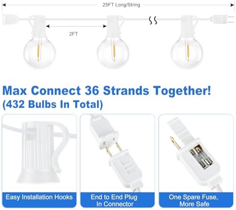 Bosceos Outdoor G40 LED Globe String Lights 25FT Shatterproof Waterproof - Image 2