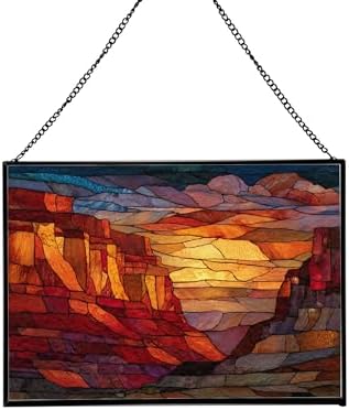 Sunrise Breaking Over Canyon Ridge Rectangular Stained Glass Suncatcher – Hanging Window Panel with Animal & Nature Scene – Vibrant Glass Art Gift for Wildlife, Fantasy, Nature Lovers eyk23X by Custom