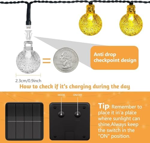 Solar String Lights Outdoor Waterproof, 1 Pack 50 LED 2.3CM 23 FT Each, Solar Powered Patio Lights with 8 Lighting Modes for Garden Yard Porch Wedding Party.. (Warm Color) - Image 2