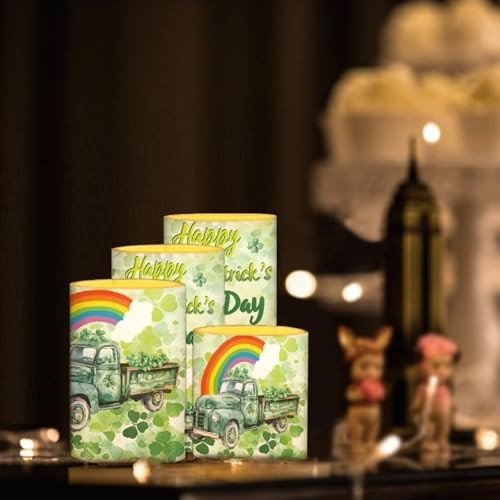 4 Pack St Patrick's Day Flickering Flamless Candles with Remote Shamrocks Battery Operated Elictric LED Pillar Candles with Timer Rainbow Truck Printed Outdoor Lights - Image 3