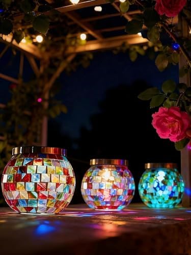 Cooo 4 Pack Valentines Day Gifts for Him Her Landscape Lighting Path Lights Heavy Solar Mosaic Lantern with RGB Color-Changing Light – Dual Solar Panels, Red Amber Glass Tiles, Waterproof Outdoor by Cooo