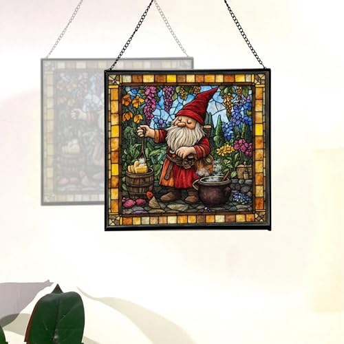 Gnome Making soap Stained Glass Suncatcher – Square Hanging Window Panel for Home, Garden, Nursery, Halloween, Christmas, Memorial Day – Whimsical Glass Art Gift for Gnome Lovers gnbpot - Image 4