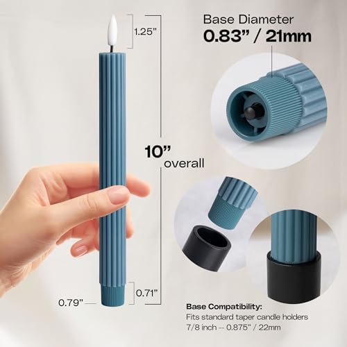 12 Pack, 10" LED Flameless Blue Fluted Ribbed Grooved Taper Candles with 2 Remotes & 24h Timer Memory, On/Off Button, Dimmable, Flicker Mode, Battery Operated, Christmas Menorah Wedding - Image 4