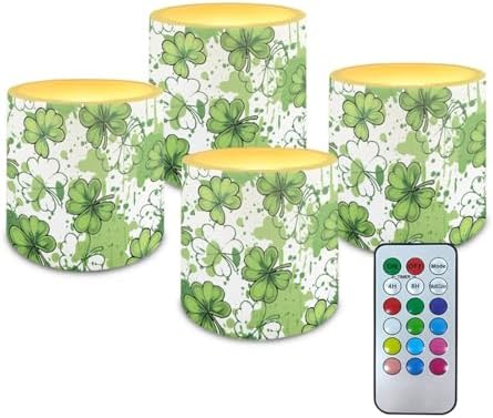 Flickering Flameless Candles with Remote and Timer Battery Operated Candles for St Patrick's Day Shamrocks LED Pillar Tea Lights for Patio Porch Banquet Home Decorations by Merkmak
