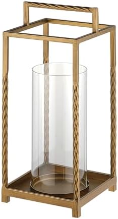 16" Modern Metal Lantern with Twisted Rope-Style Frame in Antique Brass with Glass Hurricane for Pillars, String Light. Centerpiece, Mantel, Ambient Lighting, Farmhouse, Transitional, Patio, Entryway by Unknown