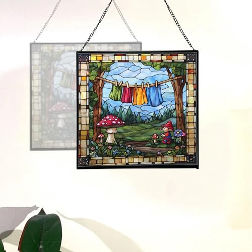 Gnome Hanging Laundry Stained Glass Suncatcher – Square Hanging Window Panel for Home, Garden, Nursery, Halloween, Christmas, Memorial Day – Whimsical Glass Art Gift for Gnome Lovers covd1h - Image 4