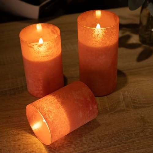 Flameless Candles with Remote Orange Glass LED Pillar Candles Set of 3 - Image 4