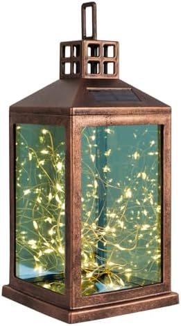 Solar Lantern Outdoor, Garden Hanging Lantern Solar Powered - Glass Waterproof Brushed Copper Solar Table Lantern Decorative Lights Flash and Steady-on Modes for Patio, Backyard, Garden - Image 2