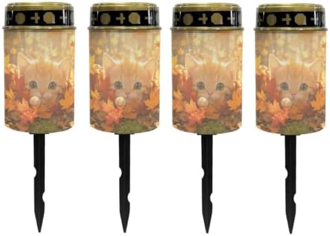 Poceacles Flameless Candle Solar Powered Grave Outdoor Lights Cemetery Candle Flameless Fake LED Pillar Lights Outdoor Waterproof Lawn Decoration, Cute Cat Autumn Forest Leaf, Set of 4 by Poceacles