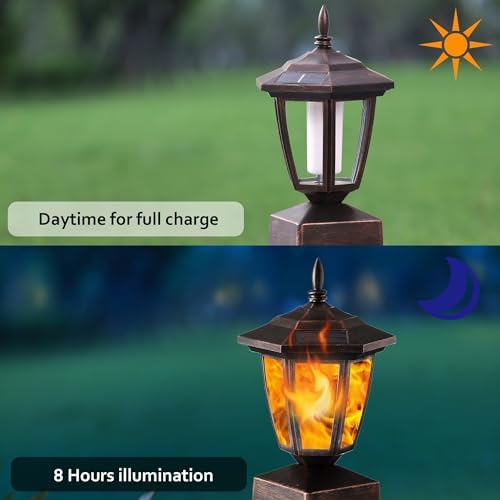 Dynaming 4 Pack Solar Flame Post Lights Outdoor, Solar Powered Lamps Fence Post Cap Lights, Flickering Flame LED Lantern Waterproof for Garden Deck Patio, Fit 4x4, 5x5 or 6x6 Wooden Posts, Bronze - Image 3