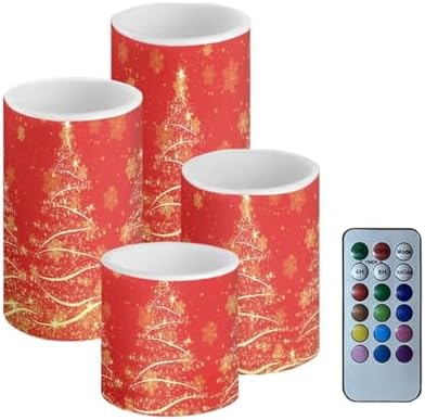 GLENLCWE Gold Merry Christmas Tree Flameless Candles LED Pillar Candles Battery Operated Candles with Remote and Timers Color Changing Electric Fake Home Table Decor Set of 4 by GLENLCWE