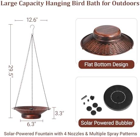 12.6" W Hanging Bird Bath with Solar Fountain, Upgraded Metal Bronze - Image 2