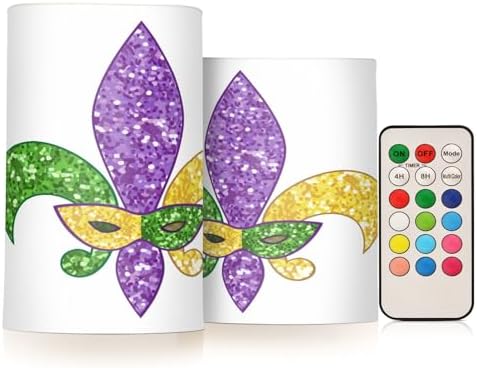YETTASBIN Mardi Gras Flameless Candles with Remote Control and Timer, Adjustable Brightness Long Lasting Battery Operated LED Pillar Candles for Indoor Outdoor Party Home Decor, 2 Pack by Unknown