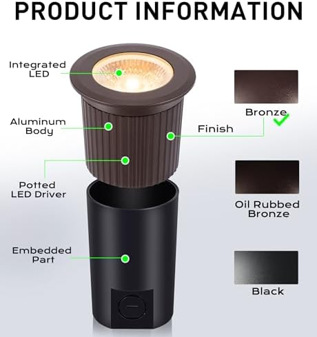 CLOUDY BAY [6 Pack] 9W LED Landscape Well Lights,2700K/3000K/3500K/4000K/5000K Selectable,Low Voltage 12V/24V Ground Lighting,Waterproof Outdoor In Ground Lights for Uplights,Bronze - Image 2