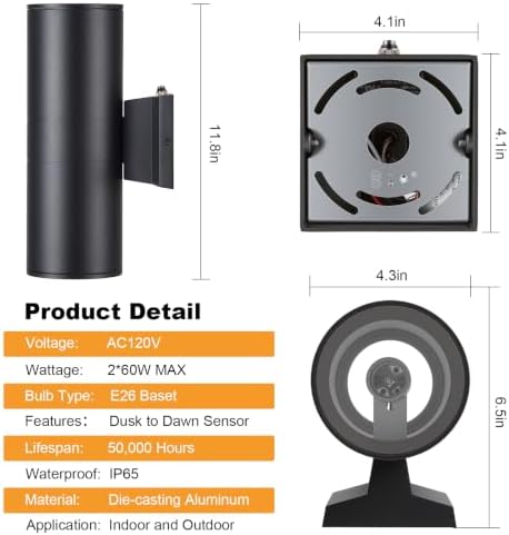 DAKAFUL Dusk to Dawn Outdoor Lighting Sensor Wall Lights 2-Pack, Modern Cylinder Up Down Lights Fits Standard E26 Bulbs, IP65 Waterproof Exterior Wall Sconce for Porch Patio etc. - Image 7