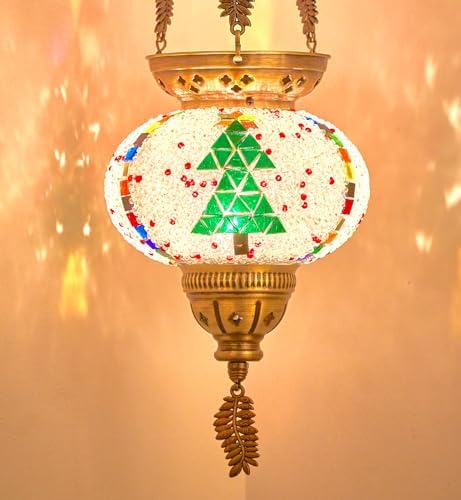 DEMMEX Turkish Moroccan Colorful Mosaic Christmas Theme Holidays Hanging Candle Holder Lantern with Handmade Colorful Mosaic Glass Globe and Metal Leaf Chains, 24" (Xmas 2025) by DEMMEX