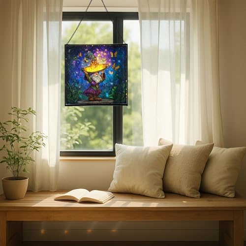 Magic Hat Gnome Stained Glass Suncatcher – Square Hanging Window Panel for Home or Greenhouse – Whimsical Glass Art Gift for Garden Lovers, Christmas, Halloween, Father Days IbK4m8 - Image 7